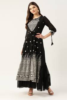 Kvsfab Women Black & White Embroidered Sequins Tiered Layered Anarkali Kurta
