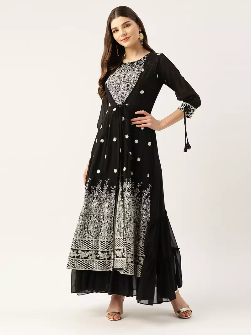 Kvsfab Women Black & White Embroidered Sequins Tiered Layered Anarkali Kurta