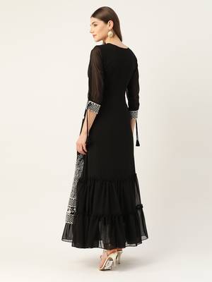Kvsfab Women Black & White Embroidered Sequins Tiered Layered Anarkali Kurta 2