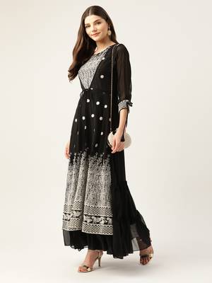 Kvsfab Women Black & White Embroidered Sequins Tiered Layered Anarkali Kurta 3