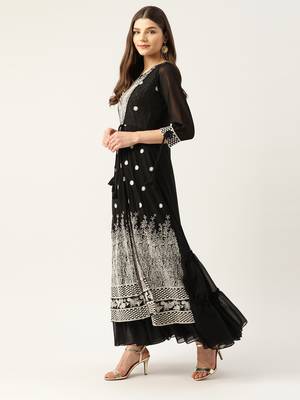 Kvsfab Women Black & White Embroidered Sequins Tiered Layered Anarkali Kurta 4