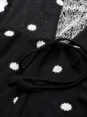 Kvsfab Women Black & White Embroidered Sequins Tiered Layered Anarkali Kurta 5