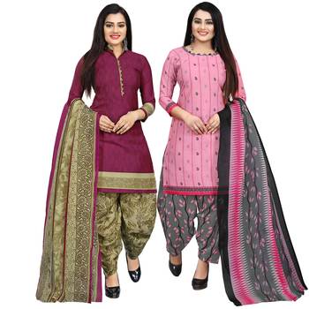 Multicolor floral print cotton unstitched salwar with dupatta ( pack of 2 ) 1