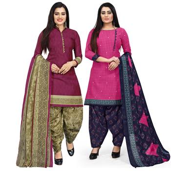 Multicolor floral print cotton unstitched salwar with dupatta ( pack of 2 ) 1