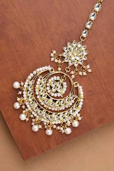 Designer Kundan Stone Bridal Hair Jewellery Pearl Stone Maang Tikka or Head Piece