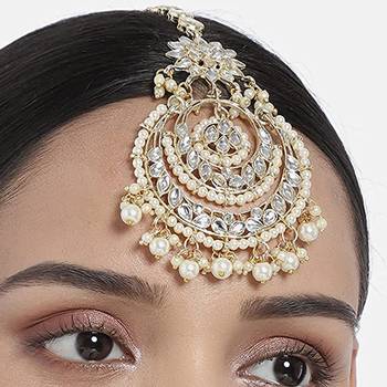 Designer Kundan Stone Bridal Hair Jewellery Pearl Stone Maang Tikka or Head Piece 4