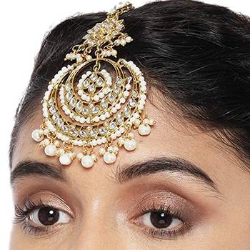 Designer kundan stone bridal hair jewellery pearl stone maang tikka or head piece 1