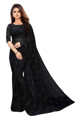 Black plain net saree with blouse 1