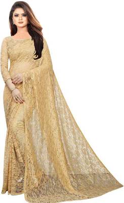 Cream plain net saree with blouse 1