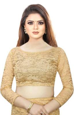Cream plain net saree with blouse 3