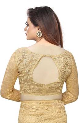 Cream plain net saree with blouse 4