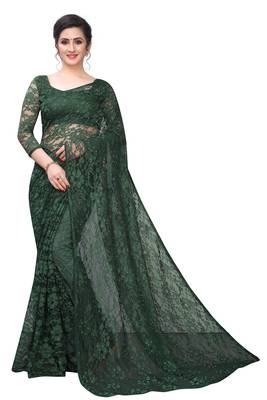 Green plain net saree with blouse 1