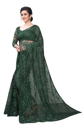 Green plain net saree with blouse 2