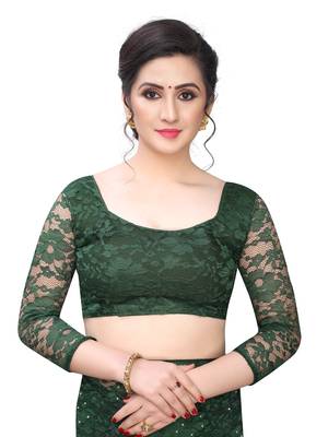 Green plain net saree with blouse 3