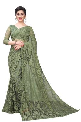 Olive plain net saree with blouse 1