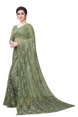 Olive plain net saree with blouse 2