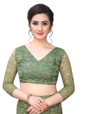 Olive plain net saree with blouse 3