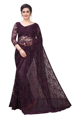 Dark purple plain net saree with blouse 1