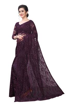 Dark purple plain net saree with blouse 2