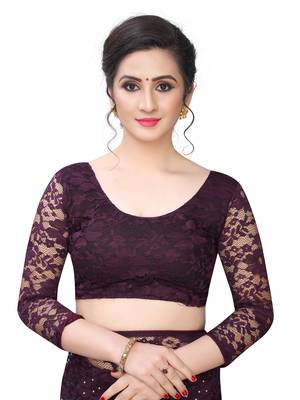 Dark purple plain net saree with blouse 3