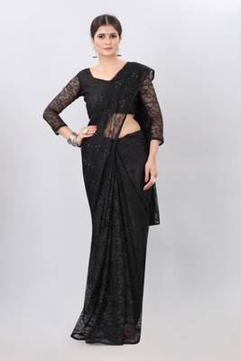 Black plain net saree with blouse 1