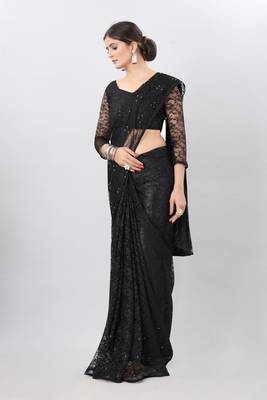 Black plain net saree with blouse 3