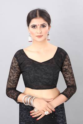 Black plain net saree with blouse 4