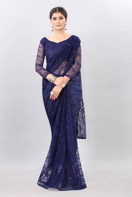 blue plain net saree with blouse 1