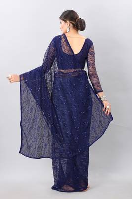 blue plain net saree with blouse 2