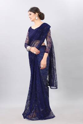 blue plain net saree with blouse 3