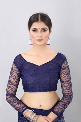 blue plain net saree with blouse 4