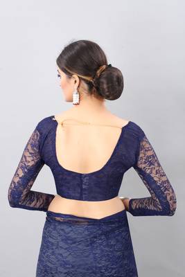 blue plain net saree with blouse 5