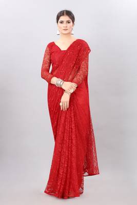 Red plain net saree with blouse 1