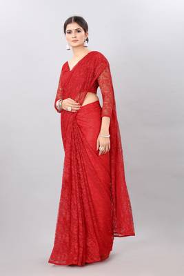 Red plain net saree with blouse 2