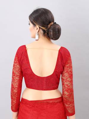 Red plain net saree with blouse 3