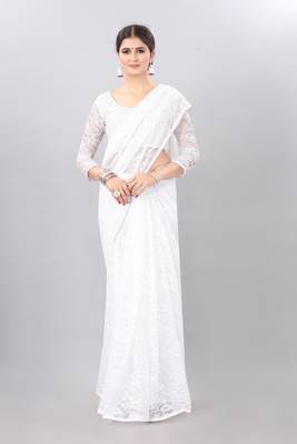 White plain net saree with blouse 1
