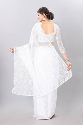White plain net saree with blouse 2