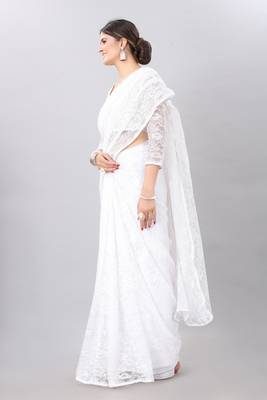 White plain net saree with blouse 3