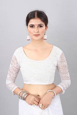 White plain net saree with blouse 4