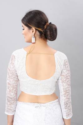 White plain net saree with blouse 5