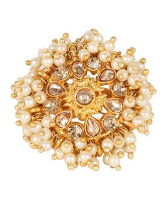 Steorra Jewels White Pearls Golden Texture Kundan Ring 1