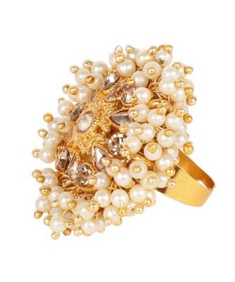 Steorra Jewels White Pearls Golden Texture Kundan Ring 4