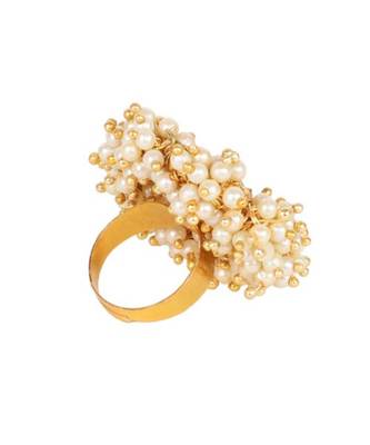 Steorra Jewels White Pearls Golden Texture Kundan Ring 5