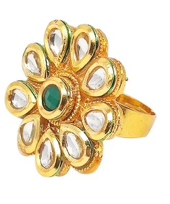 Steorra Jewels Green Stone Golden Texture Kundan Adjustable Ring 1