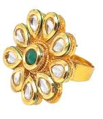 Steorra Jewels Green Stone Golden Texture Kundan Adjustable Ring