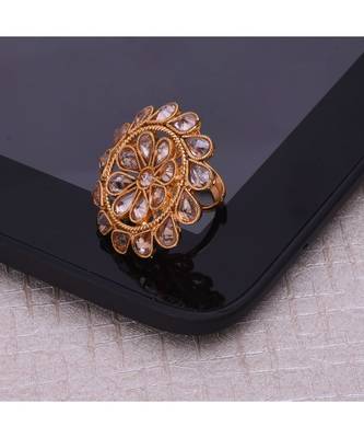 Steorra Jewels Traditional Golden Kundan With White Pearl Adjustable Ring 2