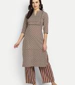 Beige Printed cotton quarter sleeves Kurta set