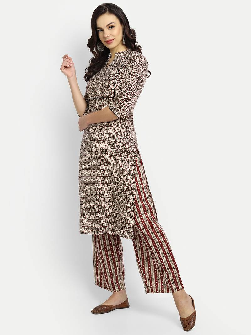 Beige Printed cotton quarter sleeves Kurta set