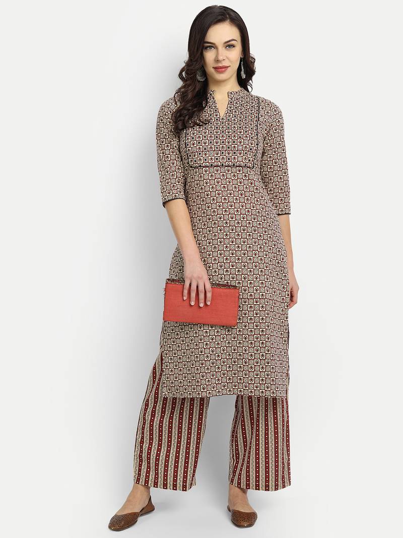 Beige Printed cotton quarter sleeves Kurta set