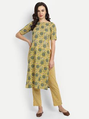 Yellow cotton Printed Kurta set 1